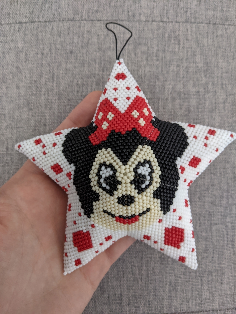 Star-Shaped Beaded Ornament in White, Red, Black